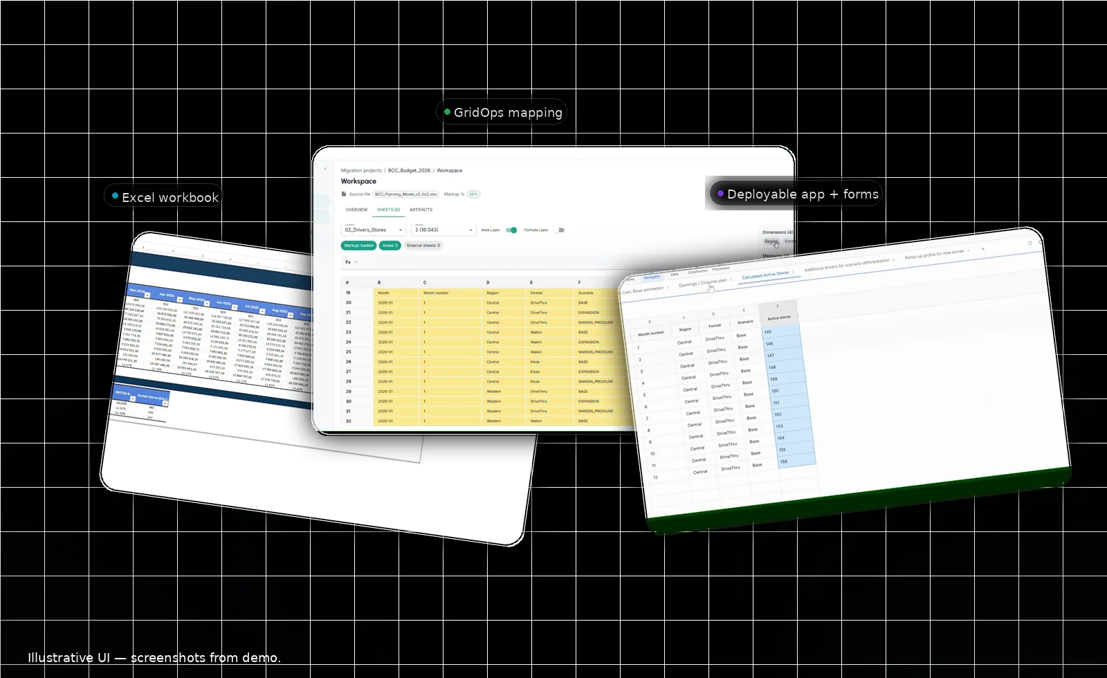 Excel workbook → GridOps mapping → deployable app